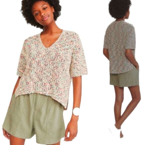 NWT LOU & GREY For LOFT Short Sleeve V-Neck Cream & Rainbow Knit Sweater Size S - Picture 1 of 11